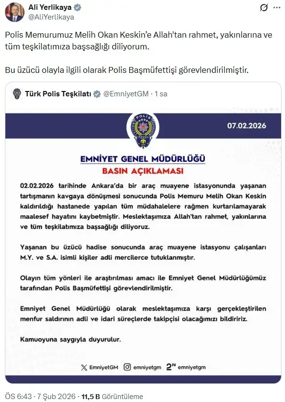 T&Uuml;VT&Uuml;RK'te polis memurunun &ouml;ld&uuml;r&uuml;lmesiyle ilgili olarak m&uuml;fettiş g&ouml;revlendirildi